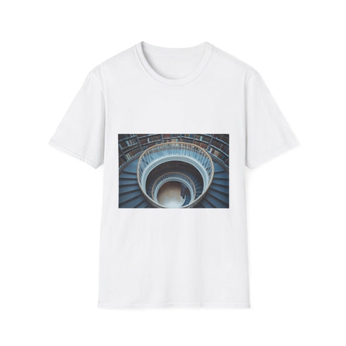 Library with Infinite Spiral Staircase Graphic Unisex Softstyle T-Shirt - Front View