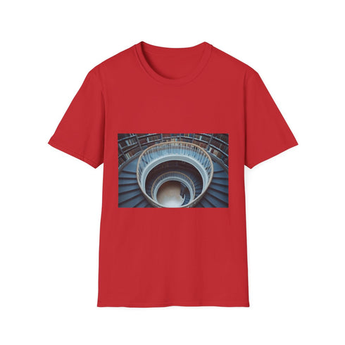Library with Infinite Spiral Staircase Graphic Unisex Softstyle T-Shirt - Red Variant