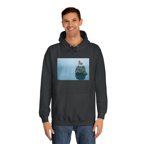 Lighthouse on Floating Rock Graphic Unisex College Hoodie - Lifestyle Model View