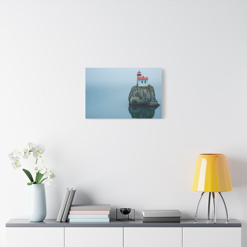 Lighthouse on Floating Rock — Stretched Canvas Wall Art — Living Room Wall Lifestyle View