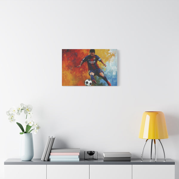 Lionel Messi Barcelona Dribbling Painting (Edition II) — Stretched Canvas Wall Art — Living Room Wall Lifestyle View