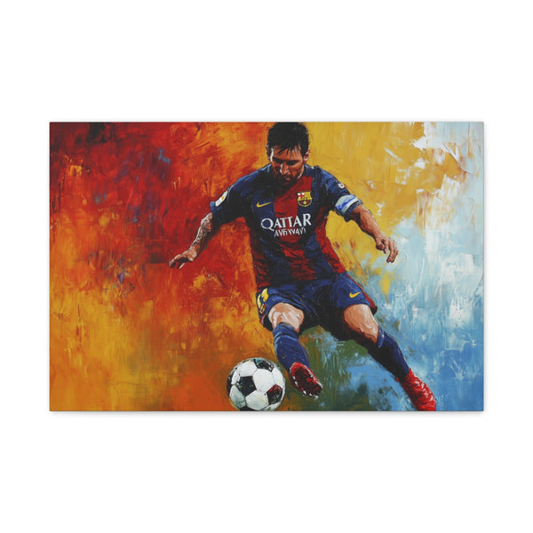 Lionel Messi Barcelona Dribbling Painting (Edition II) — 24×16 Canvas Wall Art — Front Gallery-Wrapped Canvas View
