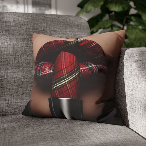 Lips with Tartan Pattern Applied — Faux Suede Cushion Cover — Sofa & Living Room Lifestyle View