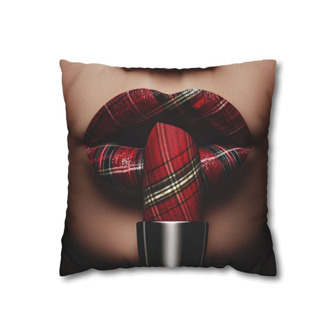 Lips with Tartan Pattern Applied — Faux Suede Cushion Cover — Front 40×40 cm Square Cushion View