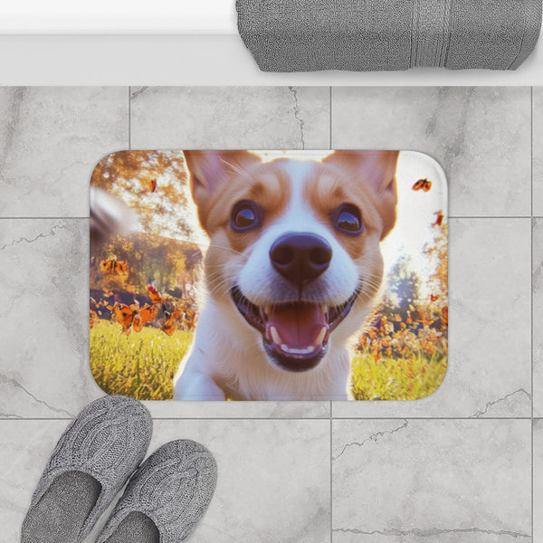 Little Dog Chasing Butterflies — 61×43 Memory Foam Bath Mat — Modern Bathroom Floor Lifestyle View