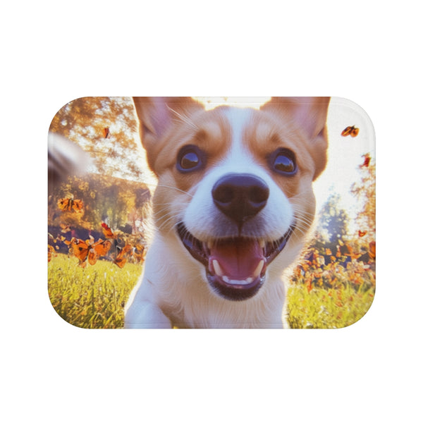 Little Dog Chasing Butterflies — 61×43 Memory Foam Bath Mat — Top-Down Velvet Microfibre Artwork View