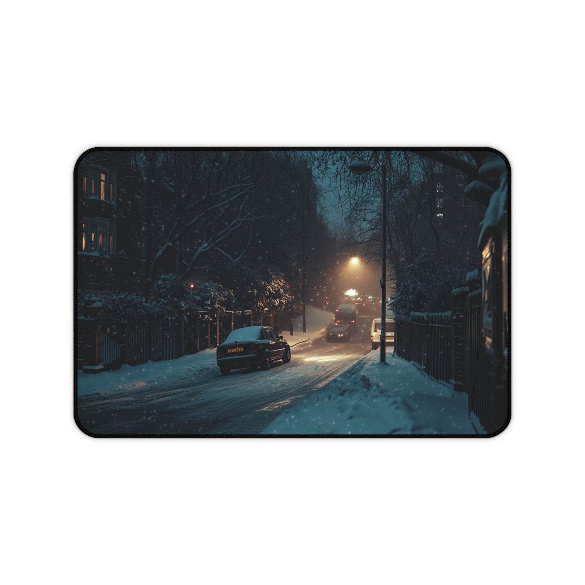 "London Snow Night Desk Mat" - Immerse yourself in scenic winter wonderland!