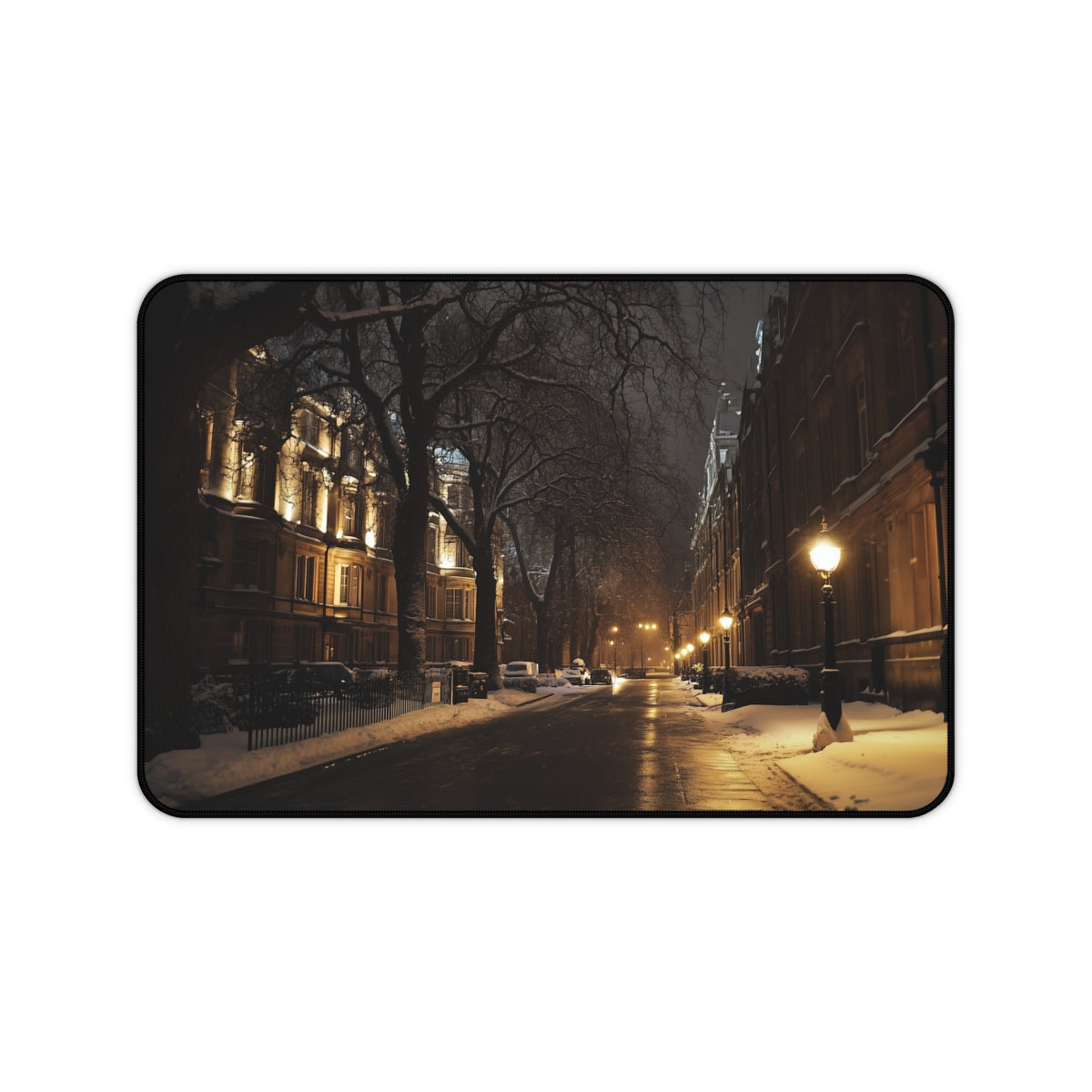 "London Snow Night Desk Mat: Winter Wonderland for Your Workspace"