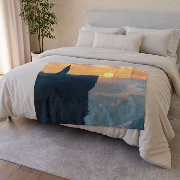 Lone Knight on a Cliff at Dawn — Plush Fleece Throw Blanket — Drape over Sofa & Bed Lifestyle View