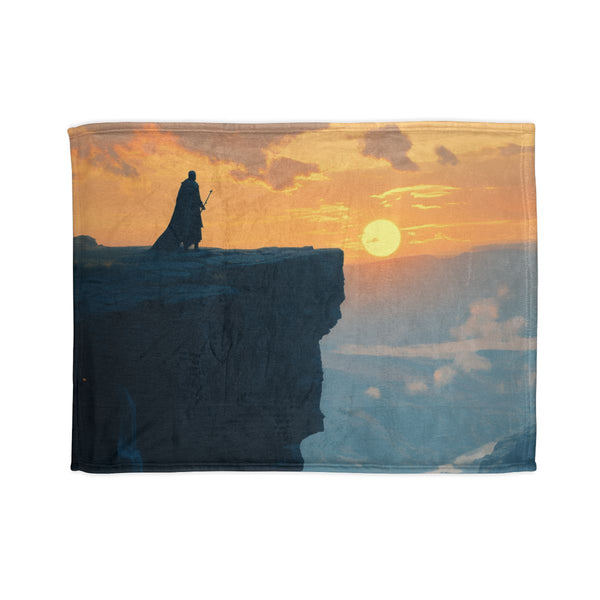Lone Knight on a Cliff at Dawn — Plush Fleece Throw Blanket — Full Spread Plush Fleece Artwork View