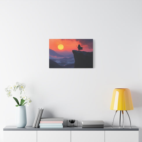 Lone Knight on Cliff at Dawn — Stretched Canvas Wall Art — Living Room Wall Lifestyle View