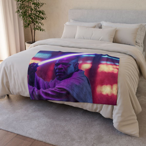 Mace Windu Wielding Purple Lightsaber — Plush Fleece Throw Blanket — Drape over Sofa & Bed Lifestyle View