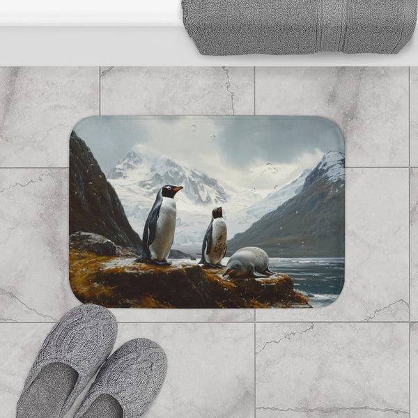 Macquarie Island Australia Penguins and Seals Paint — 61×43 Memory Foam Bath Mat — Modern Bathroom Floor Lifestyle View