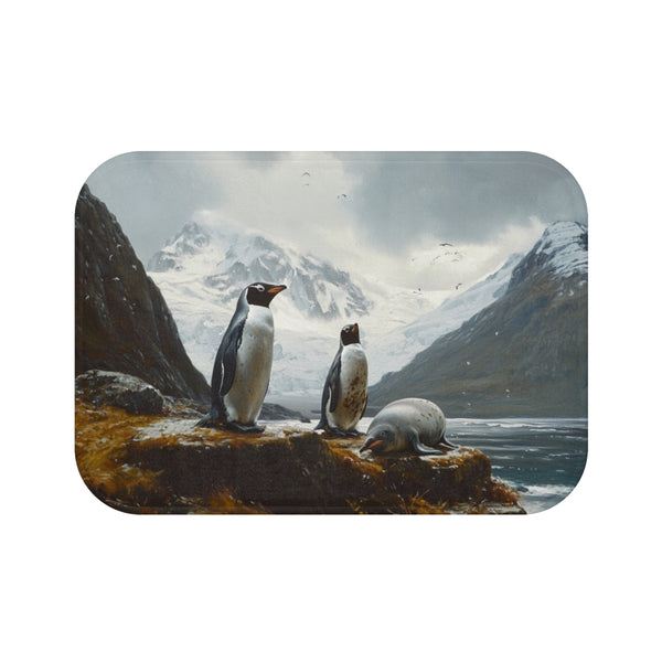 Macquarie Island Australia Penguins and Seals Paint — 61×43 Memory Foam Bath Mat — Top-Down Velvet Microfibre Artwork View