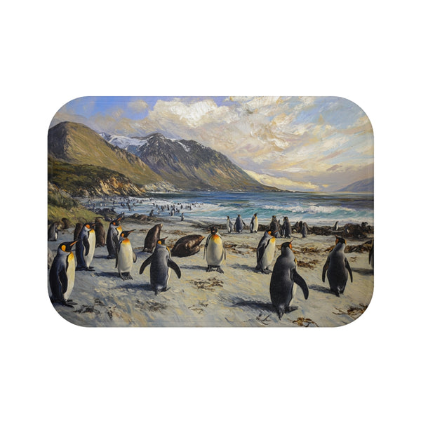 Macquarie Island Australia Penguins and Seals Paint — 61×43 Memory Foam Bath Mat — Top-Down Velvet Microfibre Artwork View