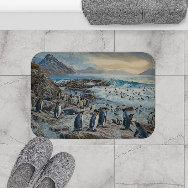Macquarie Island Australia Penguins and Seals Paint — 61×43 Memory Foam Bath Mat — Modern Bathroom Floor Lifestyle View