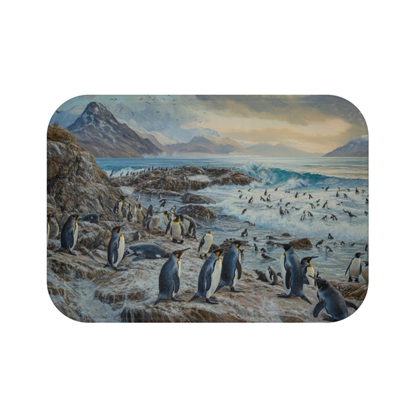 Macquarie Island Australia Penguins and Seals Paint — 61×43 Memory Foam Bath Mat — Top-Down Velvet Microfibre Artwork View