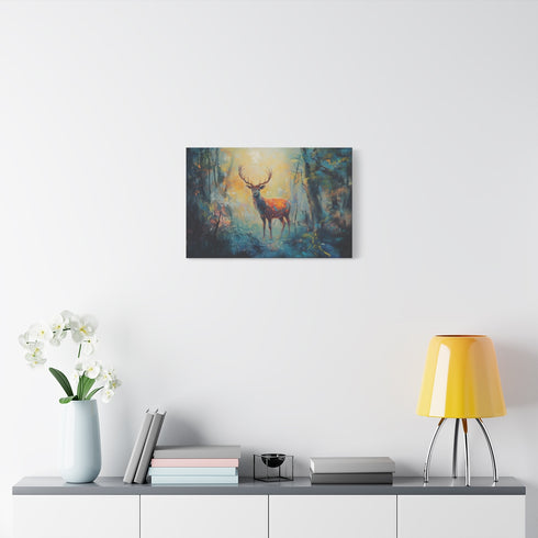 Magical Deer in Enchanted Forest (Edition II) — 24×16 Canvas Wall Art — Living Room Wall Lifestyle View
