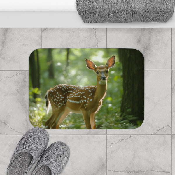 Magical Deer in Enchanted Forest — 61×43 Memory Foam Bath Mat — Modern Bathroom Floor Lifestyle View