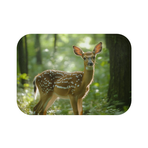Magical Deer in Enchanted Forest — 61×43 Memory Foam Bath Mat — Top-Down Velvet Microfibre Artwork View