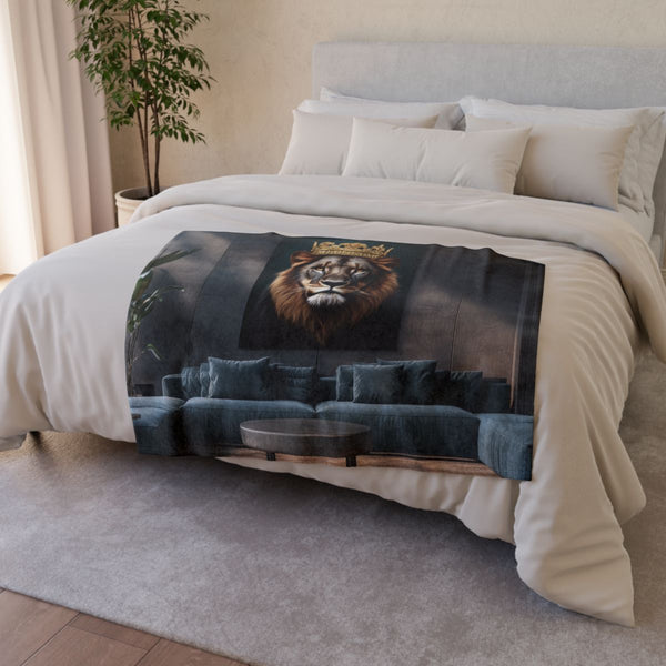 Majestic Lion Wearing a Golden Crown (Edition II) — Plush Fleece Throw Blanket — Drape over Sofa & Bed Lifestyle View