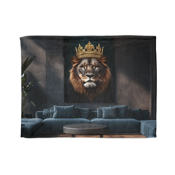 Majestic Lion Wearing a Golden Crown (Edition II) — Plush Fleece Throw Blanket — Full Spread Plush Fleece Artwork View