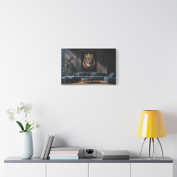 Majestic Lion Wearing a Golden Crown (Edition II) — Stretched Canvas Wall Art — Living Room Wall Lifestyle View