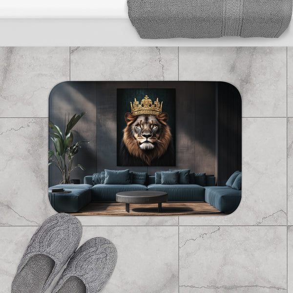 Majestic Lion Wearing a Golden Crown (Edition III) — Memory Foam Bath Mat — Modern Bathroom Floor Lifestyle View