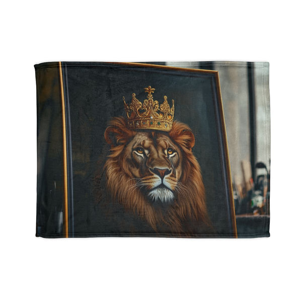 Majestic Lion Wearing a Golden Crown (Edition III) — Plush Fleece Throw Blanket — Full Spread Plush Fleece Artwork View