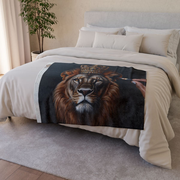 Majestic Lion Wearing a Golden Crown — Plush Fleece Throw Blanket — Drape over Sofa & Bed Lifestyle View
