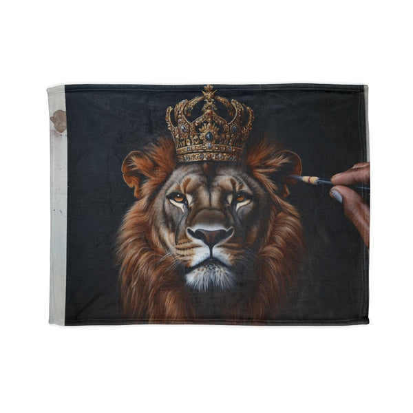 Majestic Lion Wearing a Golden Crown — Plush Fleece Throw Blanket — Full Spread Plush Fleece Artwork View