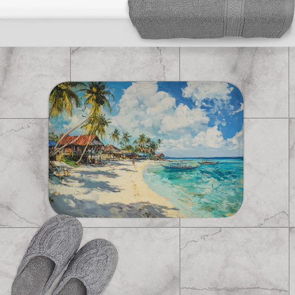 Malapascua Island Philippines Cebu Painting — Memory Foam Bath Mat — Modern Bathroom Floor Lifestyle View
