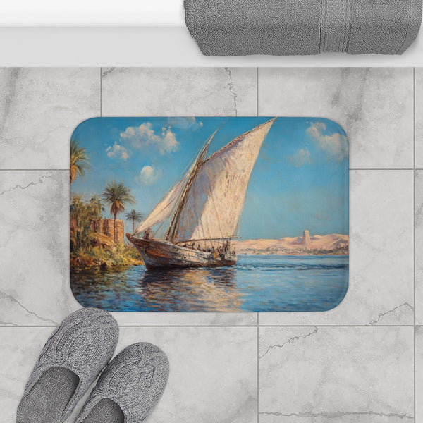 Marsa Alam River Nile Felucca Painting (Edition II) — 61×43 Memory Foam Bath Mat — Modern Bathroom Floor Lifestyle View
