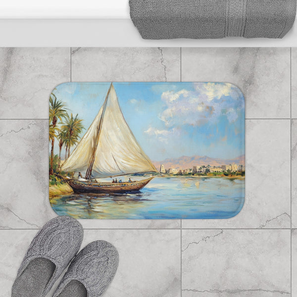 Marsa Alam River Nile Felucca Painting (Edition III) — 61×43 Memory Foam Bath Mat — Modern Bathroom Floor Lifestyle View