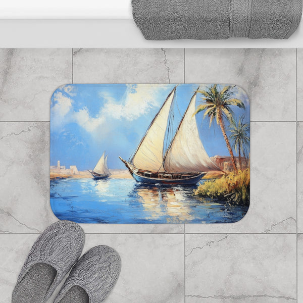 Marsa Alam River Nile Felucca Painting (Edition IV) — 61×43 Memory Foam Bath Mat — Modern Bathroom Floor Lifestyle View