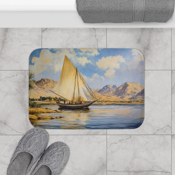 Marsa Alam River Nile Felucca Painting (Edition IX) — 61×43 Memory Foam Bath Mat — Modern Bathroom Floor Lifestyle View
