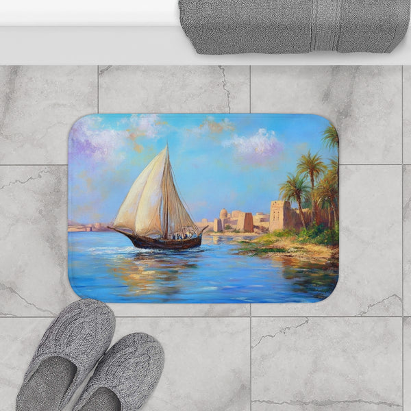 Marsa Alam River Nile Felucca Painting (Edition V) — 61×43 Memory Foam Bath Mat — Modern Bathroom Floor Lifestyle View