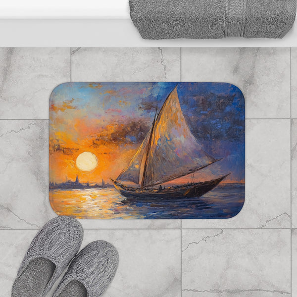 Marsa Alam River Nile Felucca Painting (Edition VI) — 61×43 Memory Foam Bath Mat — Modern Bathroom Floor Lifestyle View