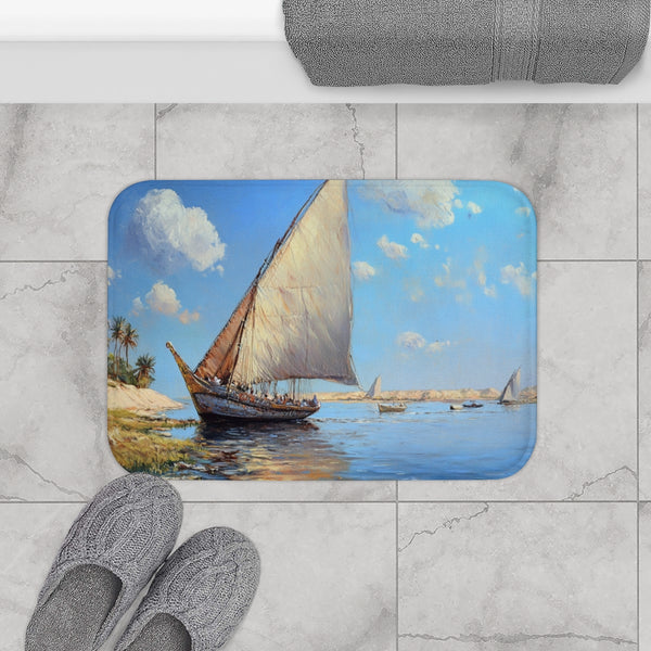 Marsa Alam River Nile Felucca Painting (Edition VII) — 61×43 Memory Foam Bath Mat — Modern Bathroom Floor Lifestyle View