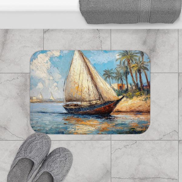 Marsa Alam River Nile Felucca Painting — 61×43 Memory Foam Bath Mat — Modern Bathroom Floor Lifestyle View