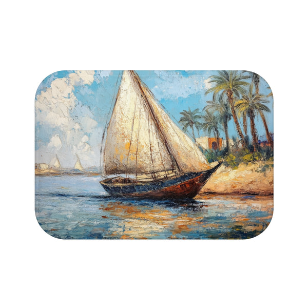 Marsa Alam River Nile Felucca Painting — 61×43 Memory Foam Bath Mat — Top-Down Velvet Microfibre Artwork View