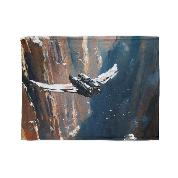 Mech Falcon Diving Through Canyon (Edition IV) — Plush Fleece Throw Blanket — Full Spread Plush Fleece Artwork View