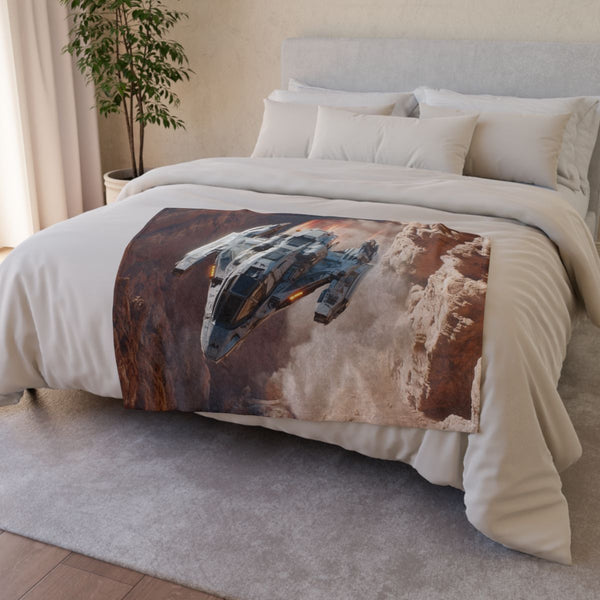 Mech Falcon Diving Through Canyon (Edition V) — Plush Fleece Throw Blanket — Drape over Sofa & Bed Lifestyle View