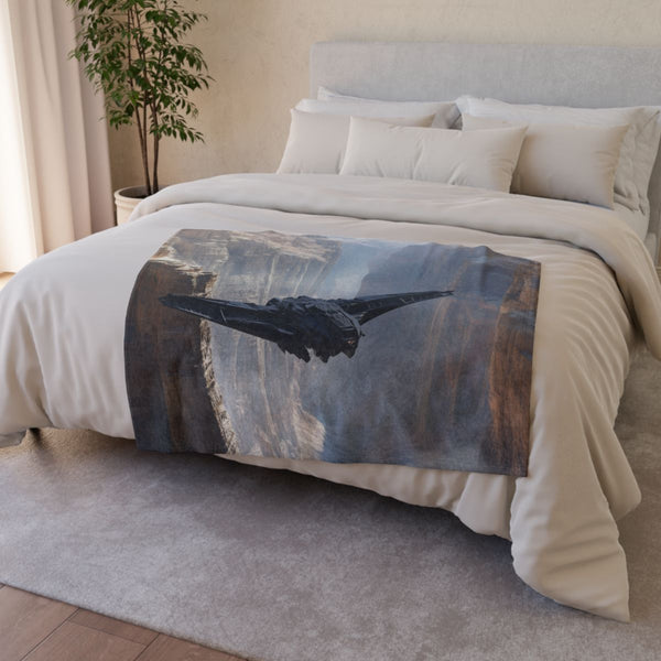 Mech Falcon Diving Through Canyon (Edition VI) — Plush Fleece Throw Blanket — Drape over Sofa & Bed Lifestyle View