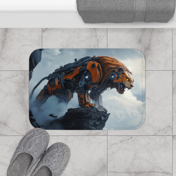 Mech Lion Roaring on a Digital Cliff (Edition II) — Memory Foam Bath Mat — Modern Bathroom Floor Lifestyle View