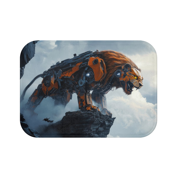 Mech Lion Roaring on a Digital Cliff (Edition II) — Memory Foam Bath Mat — Top-Down Memory Foam Bath Mat View