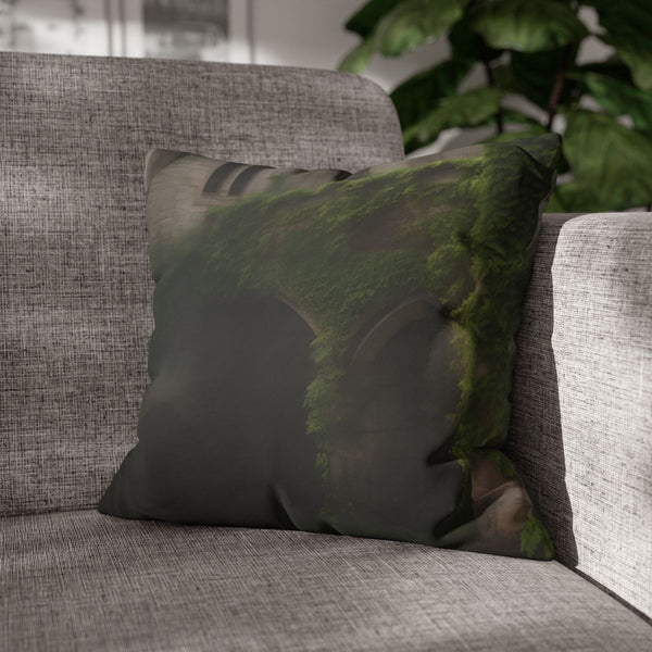 Medieval Castle Ruins Overgrown with Ivy Surr — 40×40 Cushion Cover — Sofa & Armchair Living Room Lifestyle View