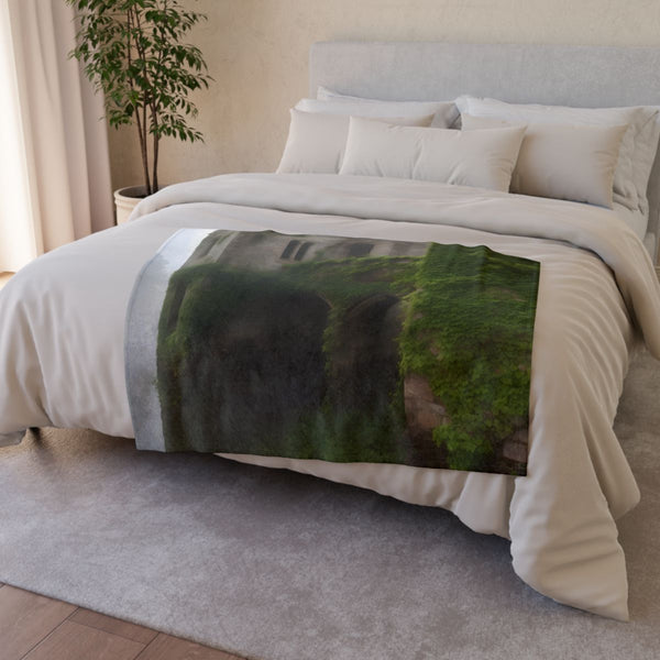 Medieval Castle Ruins Overgrown with Ivy Surr — 50×60 Plush Throw Blanket — Draped Over Sofa & Bed Lifestyle View