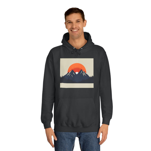Minimalist Mountain Range & Rising Sun — Heavyweight Graphic Hoodie — Model Streetwear Fit View