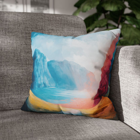 Minimalistic Mountain Landscape with Bold Colors — 40×40 Cushion Cover — Sofa & Living Room Lifestyle View